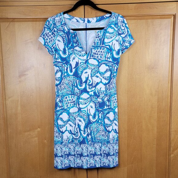 Lilly Pulitzer Blue Aqua White Keep on Trunkin Elephant Print V-Neck Dress - XS - Picture 4 of 9